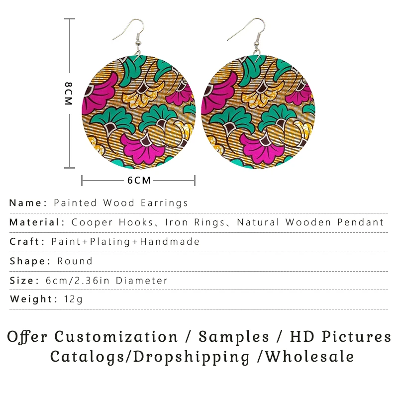 Voikukka Jewelry 6 CM Circle Bohemian African Fabric Pattern Wooden Double Both Sides Printing Drop Dangle Women Earrings