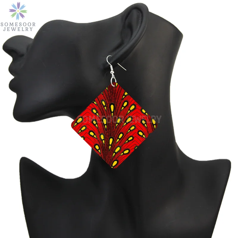 SOMESOOR African Triabl Fabric Pattern Print Wooden Drop Earrings Afro Headwrap Design Geometric Dangle Jewelry For Women Gifts