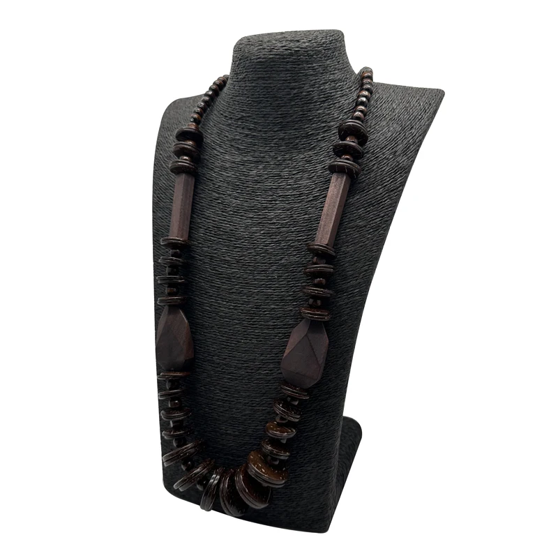 Handmade Brown Geometry Wood Necklace & Pendant Vintage Statement Beads Chain Choker Long Wooden Jewelry Party Gifts Bohemian