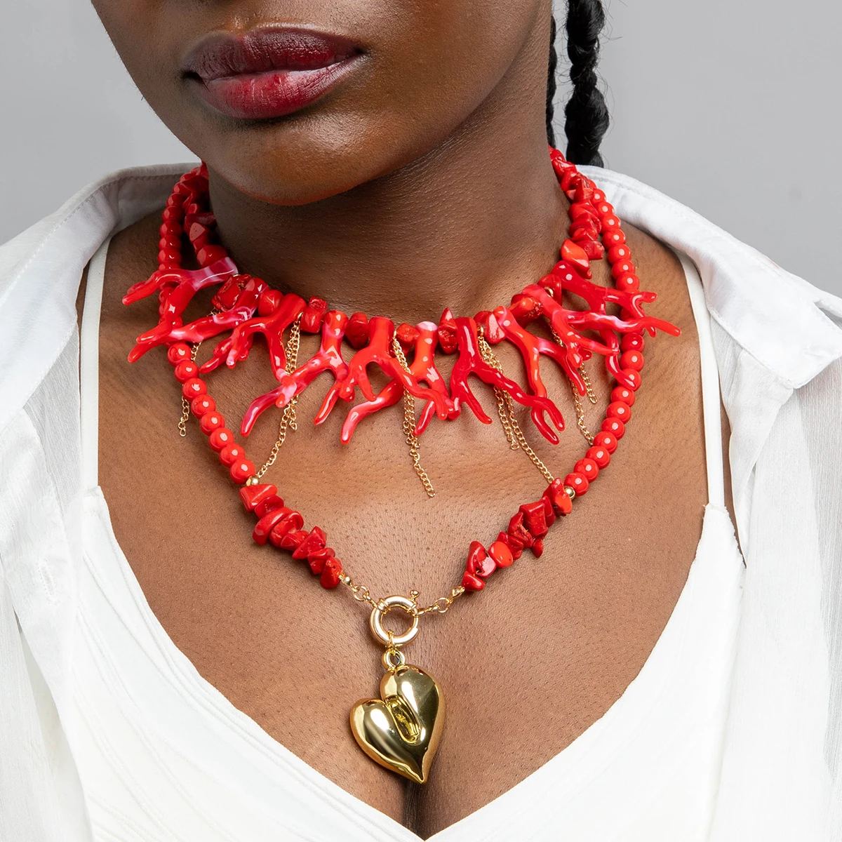 Docona 2024 New Simple Red Bead string Peach Heart Pendant Necklace Multilayer Bead Choker for Women Party Jewelry Accessories