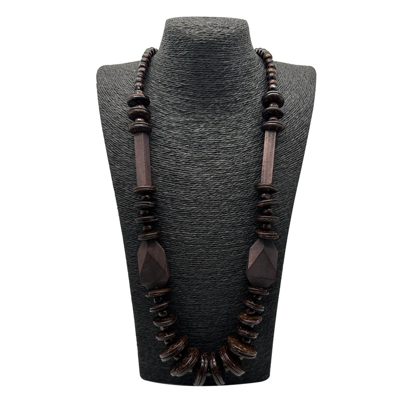 Handmade Brown Geometry Wood Necklace & Pendant Vintage Statement Beads Chain Choker Long Wooden Jewelry Party Gifts Bohemian