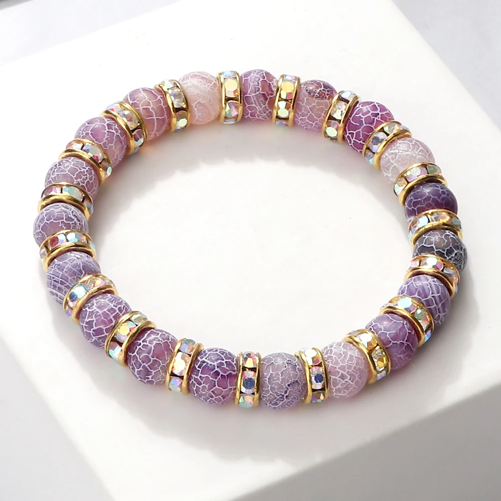 Fashion Handmade Women's Natural Stone Beaded Bracelets Men Jewelry Purple Weathering Beads Strand Bracelet For Couples Pulseras