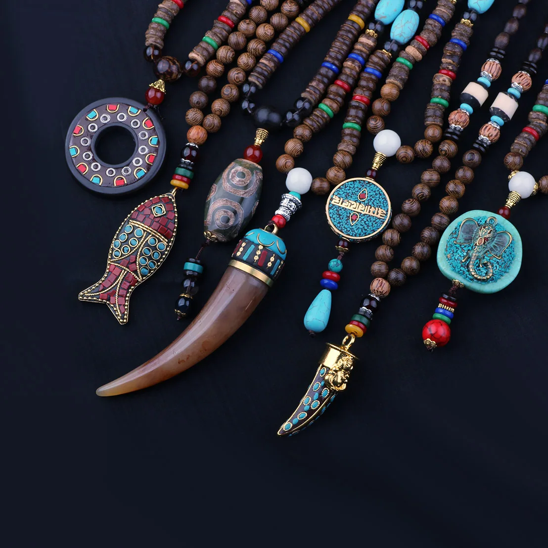 Vintage Handmade Necklace Nepal Buddhist Mala Wood Beads Pendant & Necklace Ethnic Fish Horn Long Statement Men Women's Jewelry