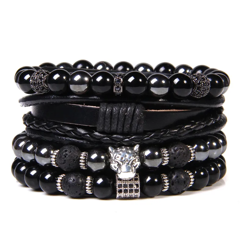 Fashion Men's Bracelet Multilayer Natural Hematite Stone Beaded Leather Braided Bracelets Homme Yoga Meditation Jewelry Gifts